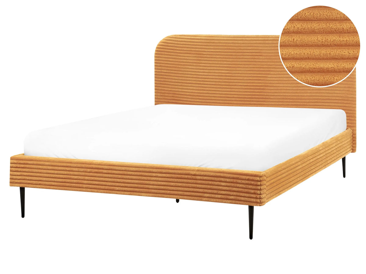 Bed Frame Orange Corduroy Jumbo Cord EU King Size Bed 5ft3 Upholstered Frame Wide Ridges Beliani