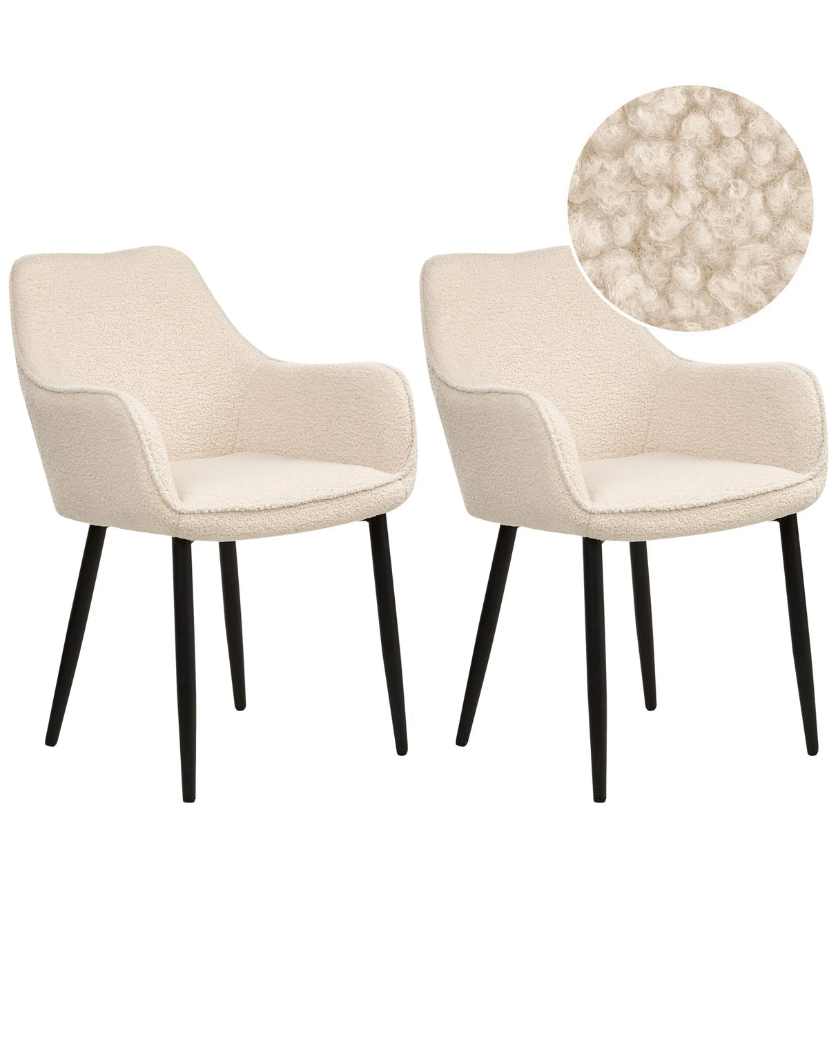 Set of 2 Dining Chairs Light Beige Boucle Upholstery with Armrests Black Metal Legs Modern Design Beliani