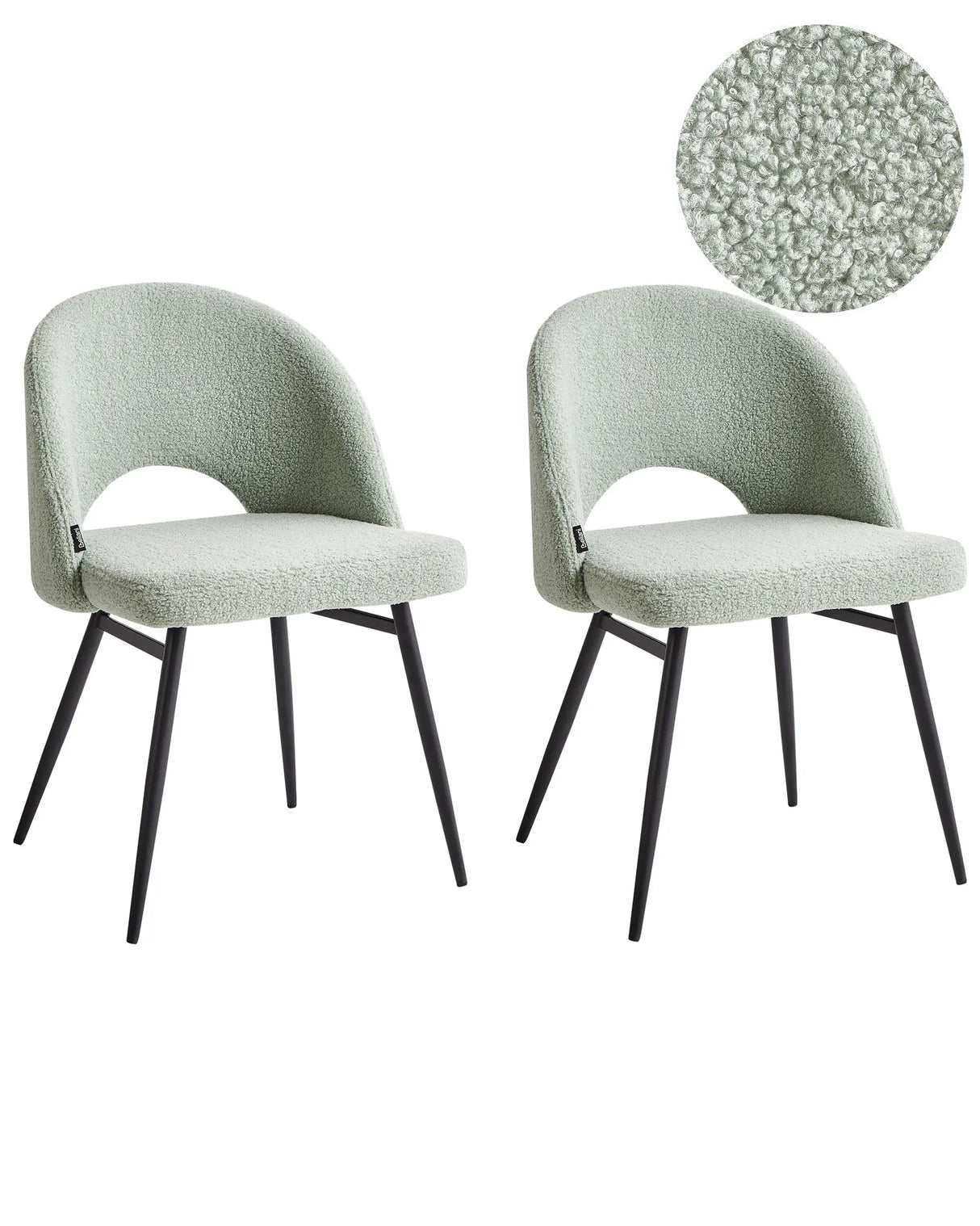 Set of 2 Dining Chairs Light Green Boucle Upholstery Cut-Out Backrest Black Metal Legs Modern Design Beliani