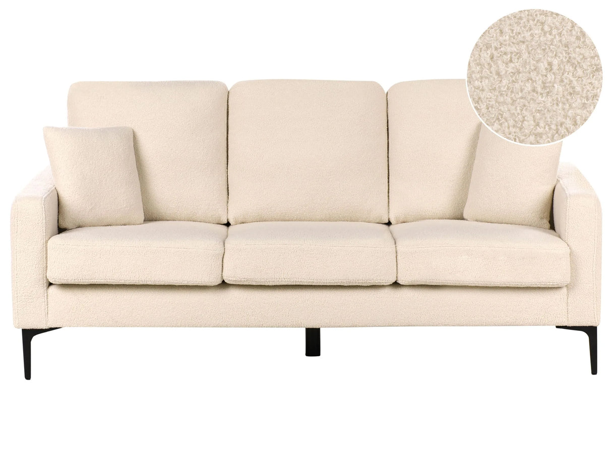 Sofa Beige Boucle 3 Seater Cushioned Seat and Back Metal Legs with Throw Pillows Beliani
