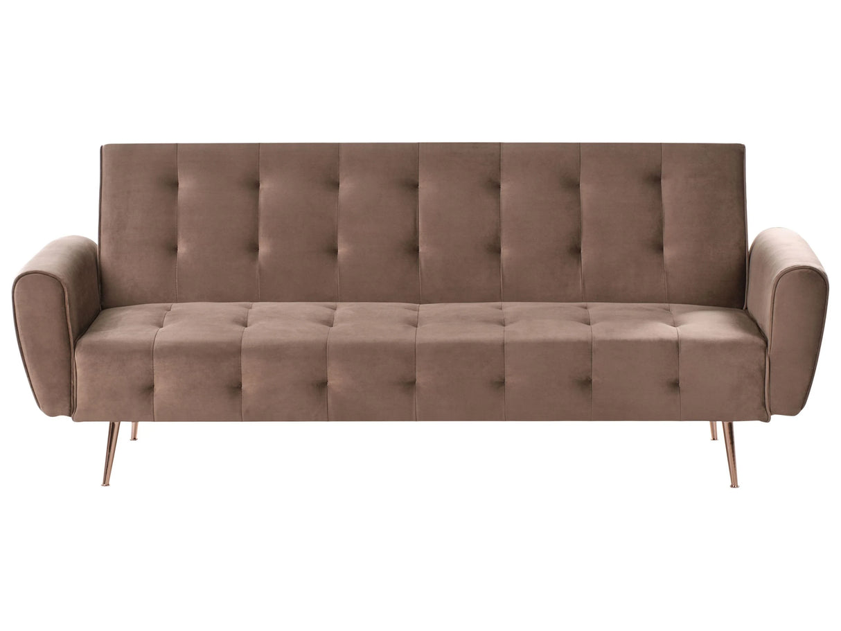 Sofa Bed Brown Velvet 3-Seater Sleeper Couch with Side Pocket Metal Legs Upholstered Back Tufted Modern Beliani