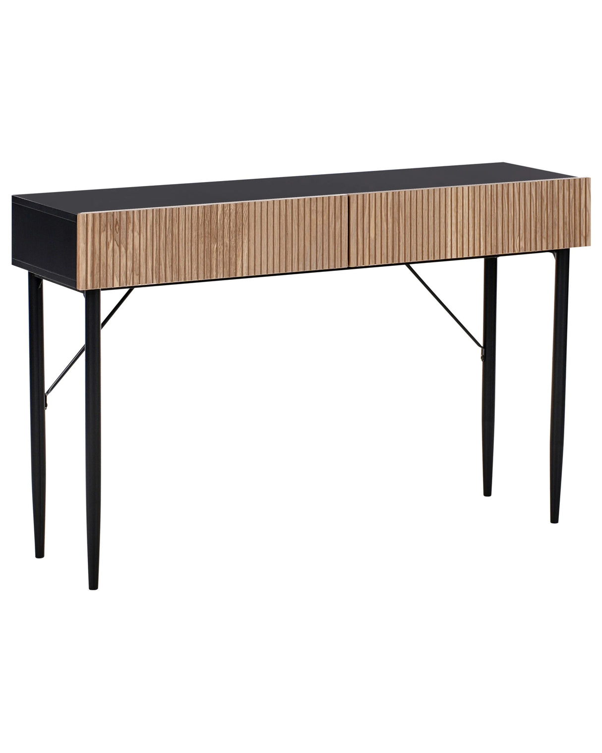 Console Table Black MDF Natural Ash Wood Ribbed Front 2 Drawers Modern Hallway Bedroom Beliani