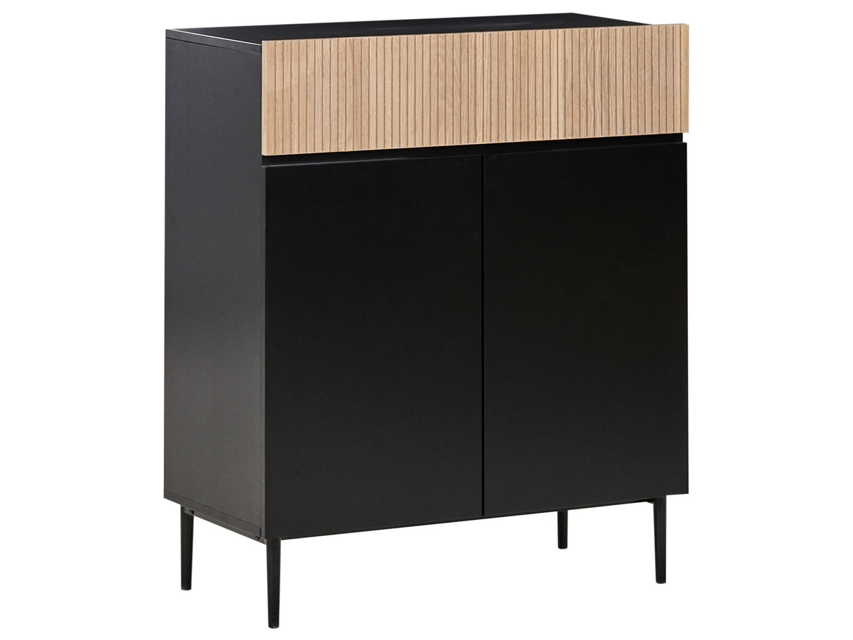 3 Door Sideboard Black MDF Natural Ash Wood Ribbed Front 2 Shelves and a Drawer Living Room Modern Beliani