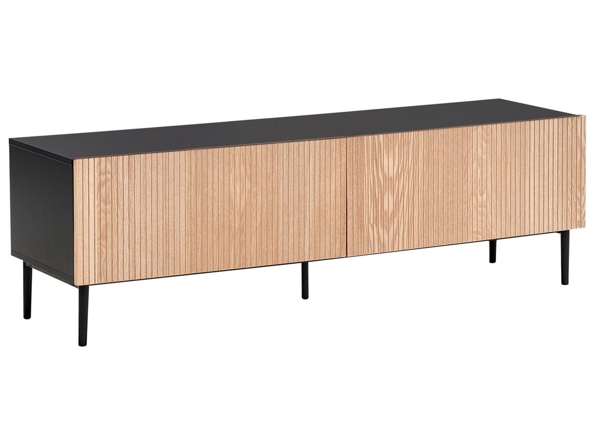 TV Stand Black MDF Natural Ash Wood Ribbed Front 2 Drawers Living Room Modern Beliani
