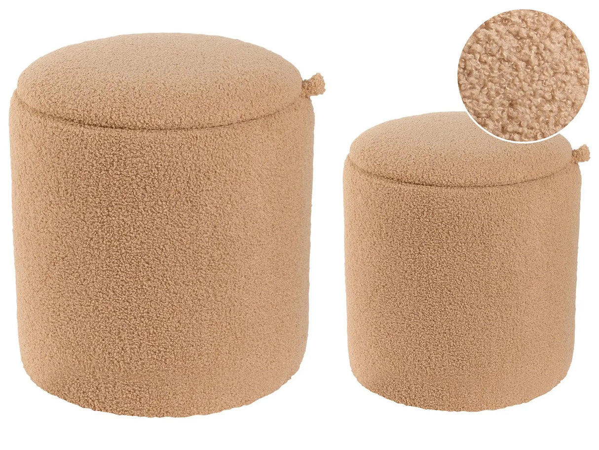 Set of 2 Boucle Storage Pouffes Light Brown Teddy Fabric Round Upholstered Ottomans Hidden Storage Modern Beliani