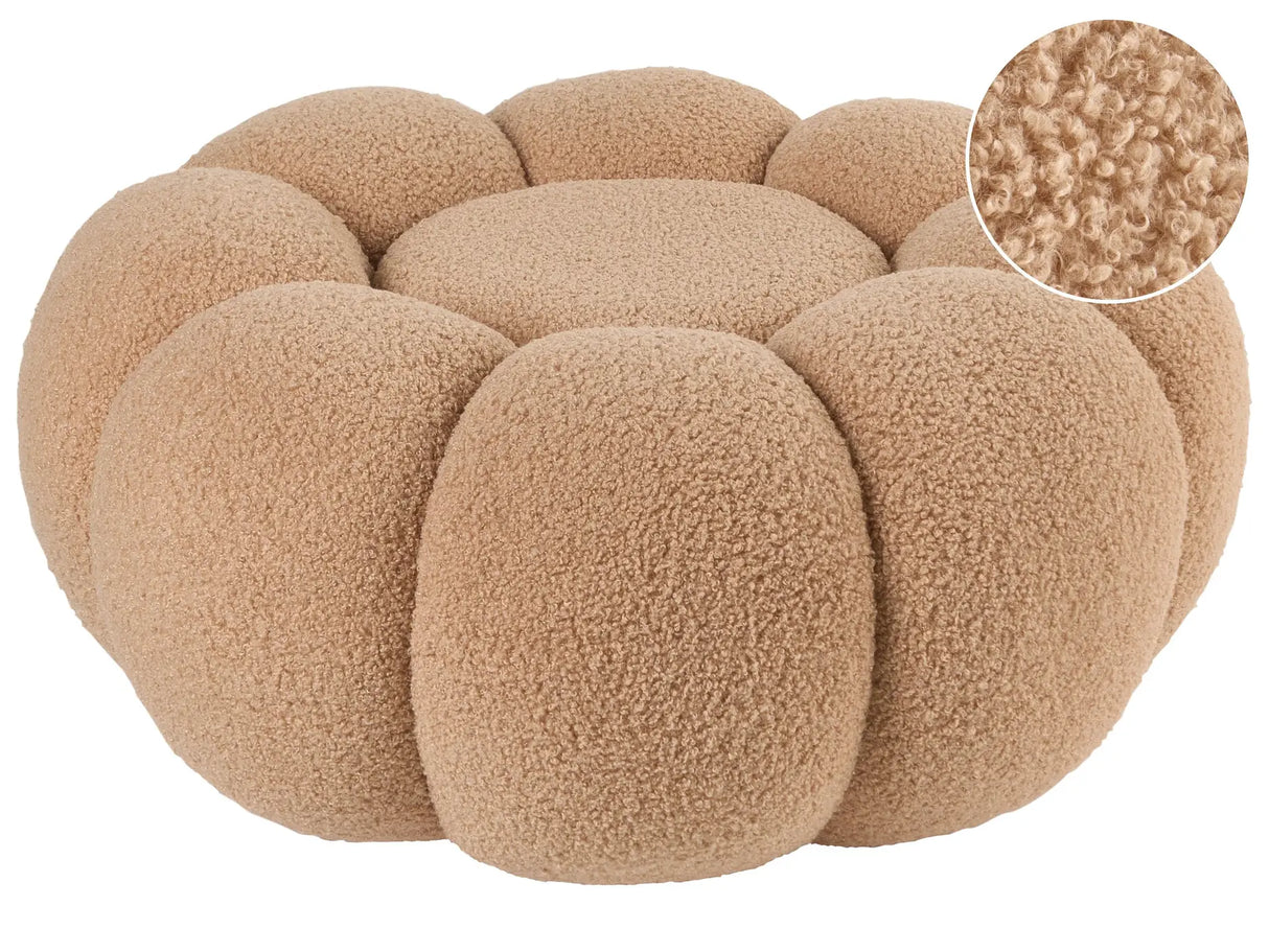 Pouffe Light Brown Boucle Round 60 x 60 x 27 cm Footstool Accent Upholstery Modern Living Room Bedroom Furniture Beliani