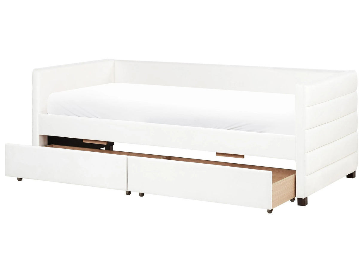 Daybed Off-White Velvet EU Single Size 90 x 200 cm With Slatted Frame and Drawers Beliani