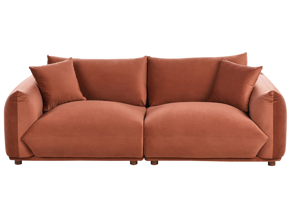Velvet Sofa Golden Brown Polyester Upholstery 3 Seater with Scatter Cushions Living Room Settee Beliani