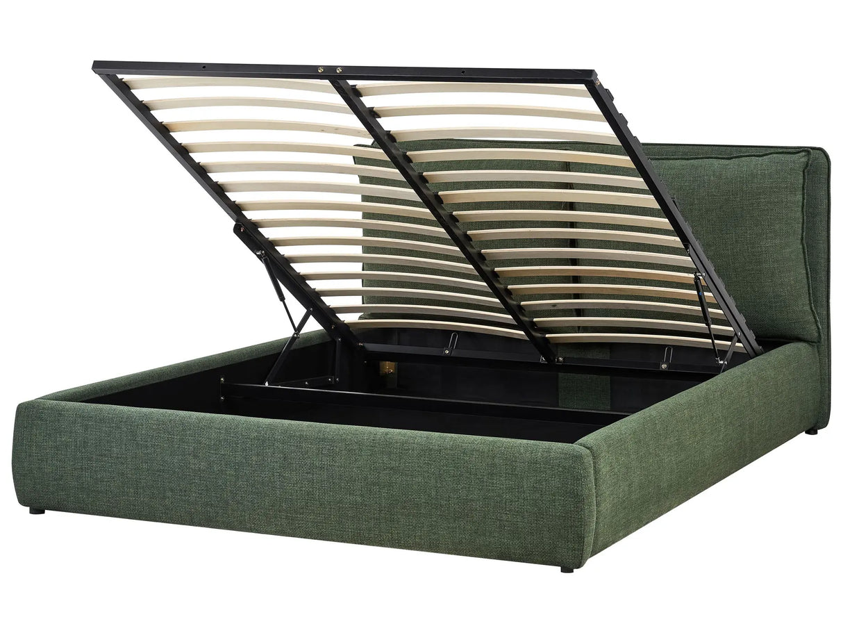 EU King Size Ottoman Bed Dark Green Fabric 5ft3 Upholstered Frame Cushion Back Storage Cosy Bedroom Modern Beliani