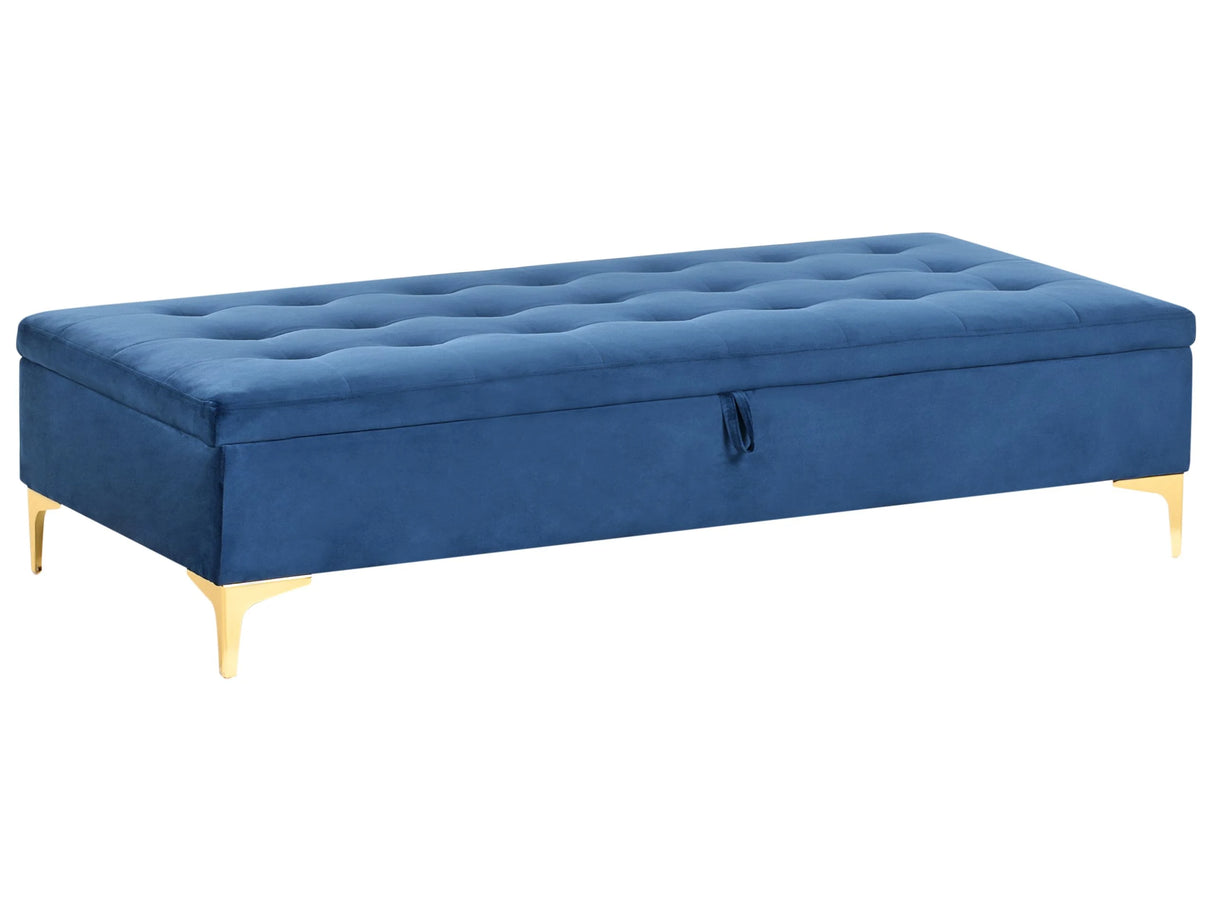 Ottoman Navy Blue Velvet Tufted Fabric with Storage Modern Living Room Rectangular Footstool Gold Legs Beliani