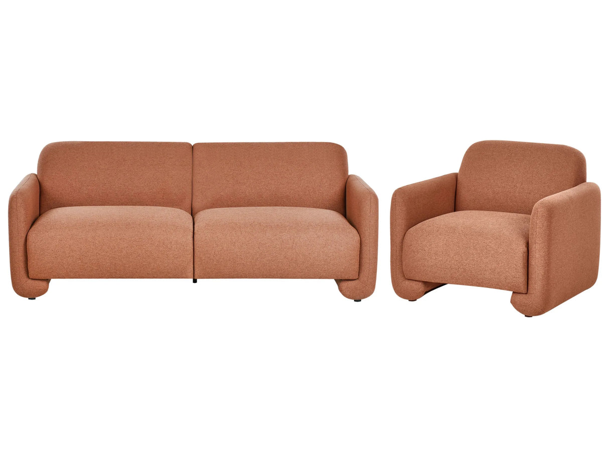 Fabric Living Room Set Golden Brown Polyester Upholstery 3 Seater Sofa Armchair Wide Backrest Armrests Living Room Furniture Retro Beliani