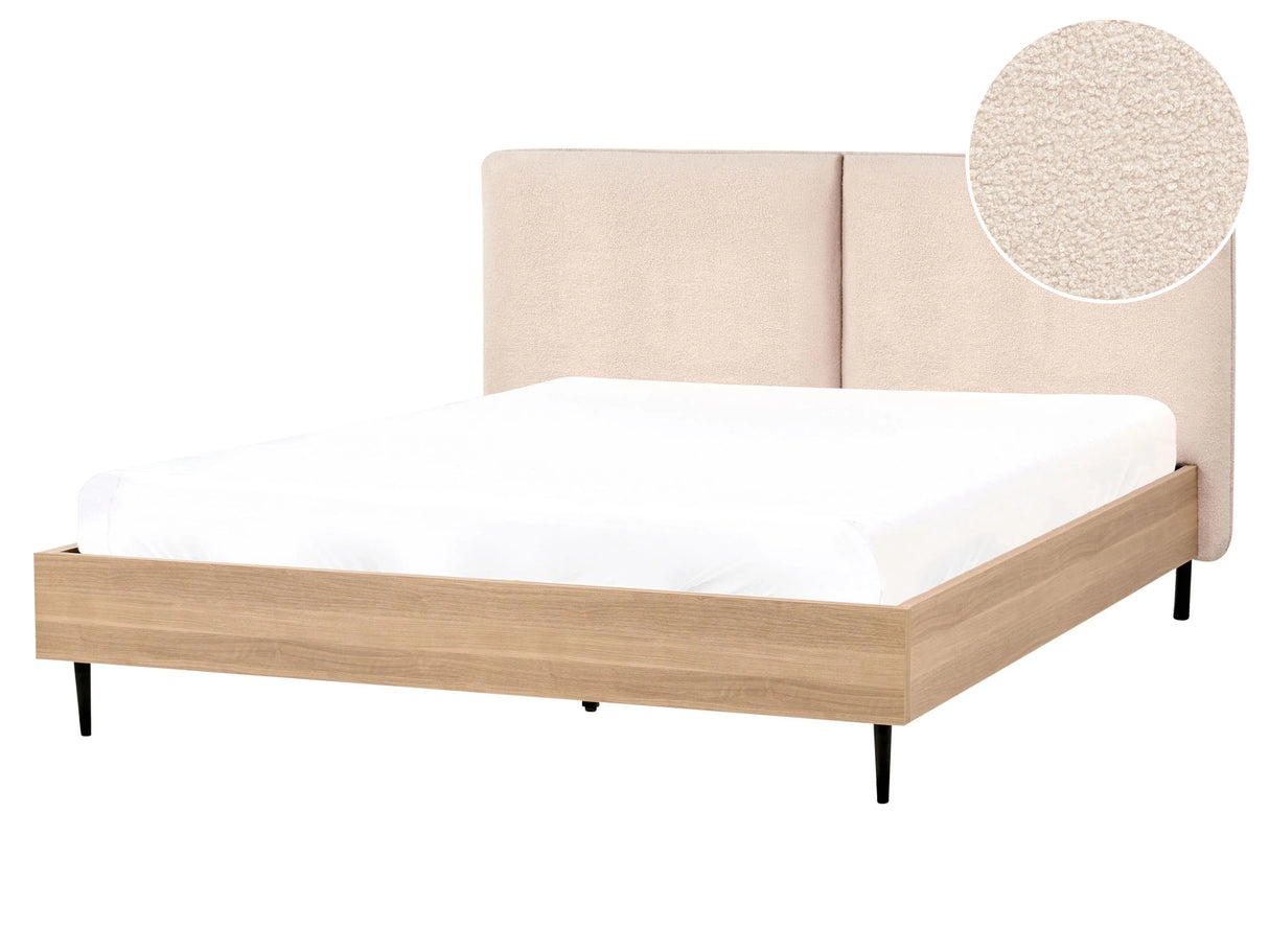 Bed Frame Beige Boucle EU King Size 5ft3 Upholstered Headboard Metal Legs Wooden Slatted Base Modern Style Bedroom Beliani