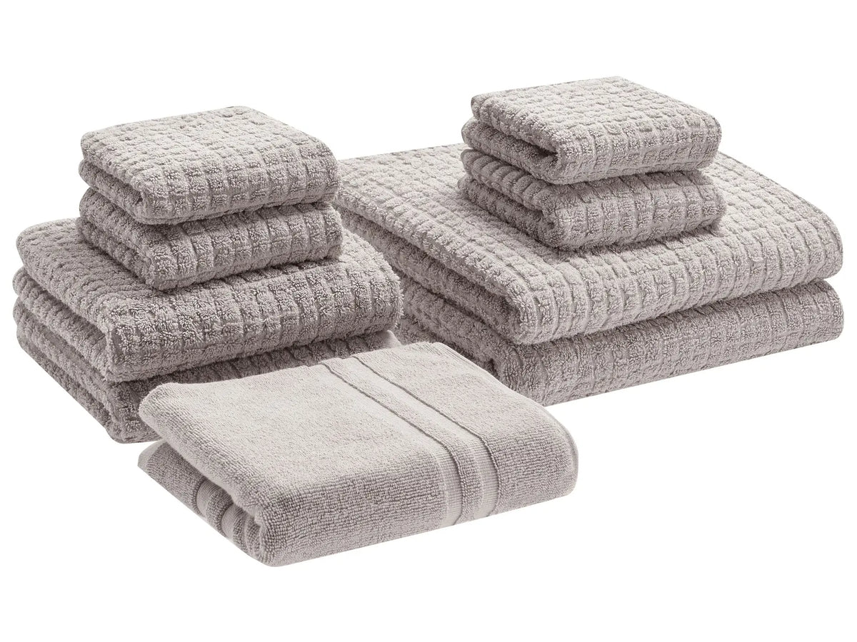 Set of 9 Towels Light Grey Cotton Low Twist Guest Hand Bath Towels and Bath Mat Beliani