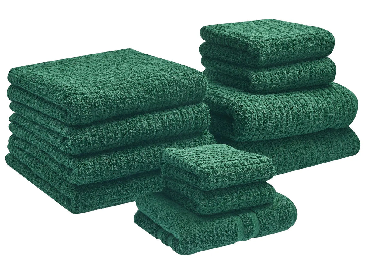 Set of 11 Towels Green Cotton Low Twist Guest Hand Bath Towel Bath Sheet and Bath Mat Beliani