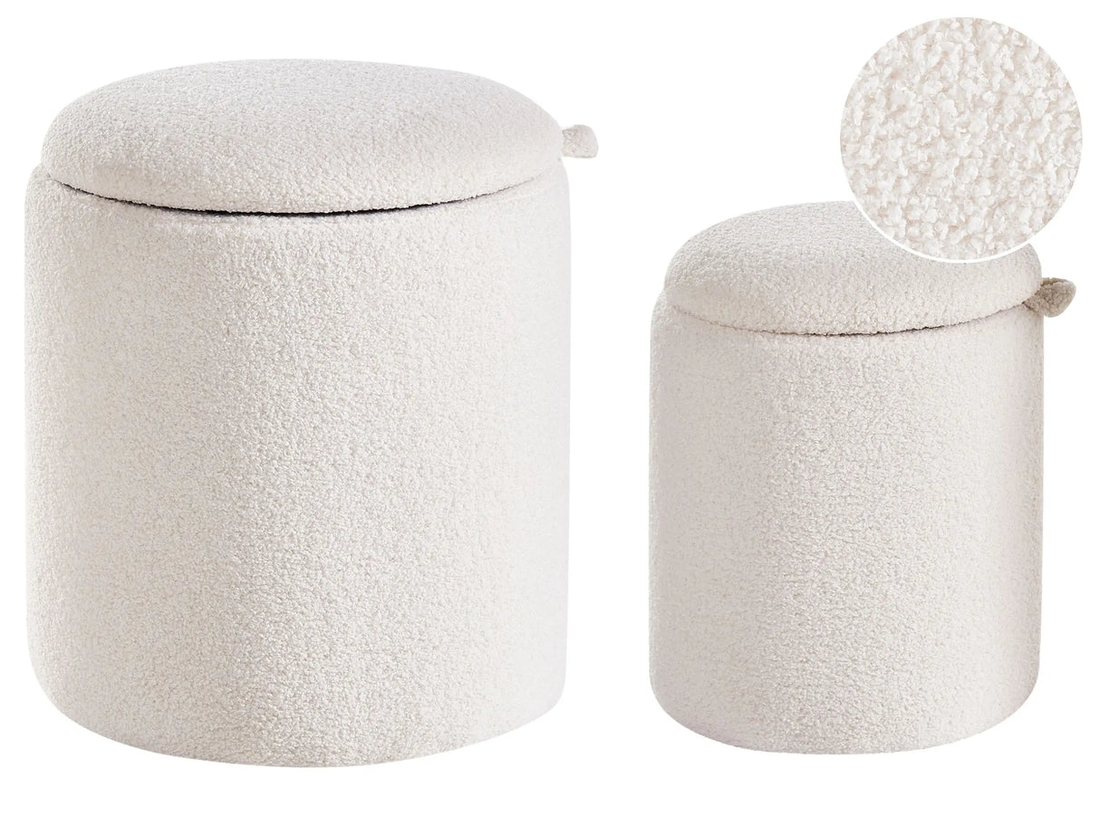 Set of 2 Boucle Storage Pouffes Off White Teddy Fabric Round Upholstered Ottomans Hidden Storage Modern Beliani