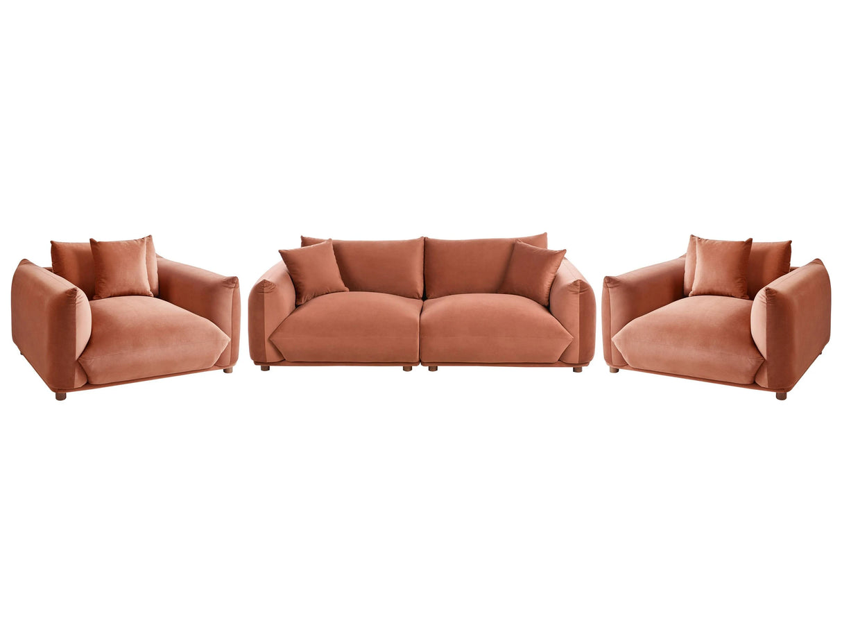 Velvet Sofa Set Golden Brown Upholstery 5 Seater with Scatter Cushions and Armchairs Living Room Set Beliani