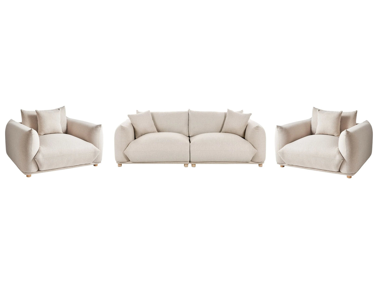 Fabric Sofa Set Light Beige Polyester Upholstery 5 Seater with Scatter Cushions and Armchairs Living Room Set Beliani