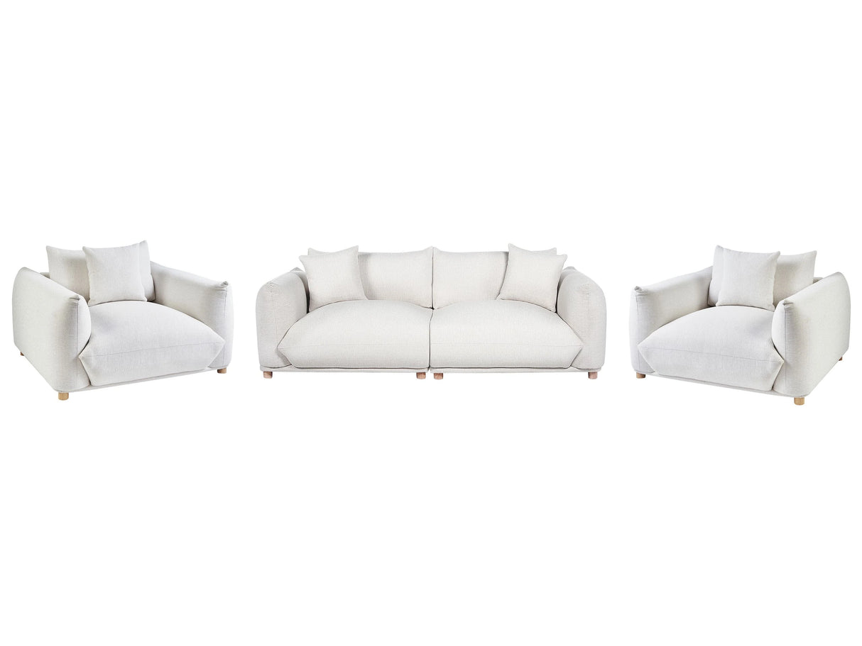 Fabric Sofa Set Off-White Polyester Upholstery 5 Seater with Scatter Cushions and Armchairs Living Room Set Beliani