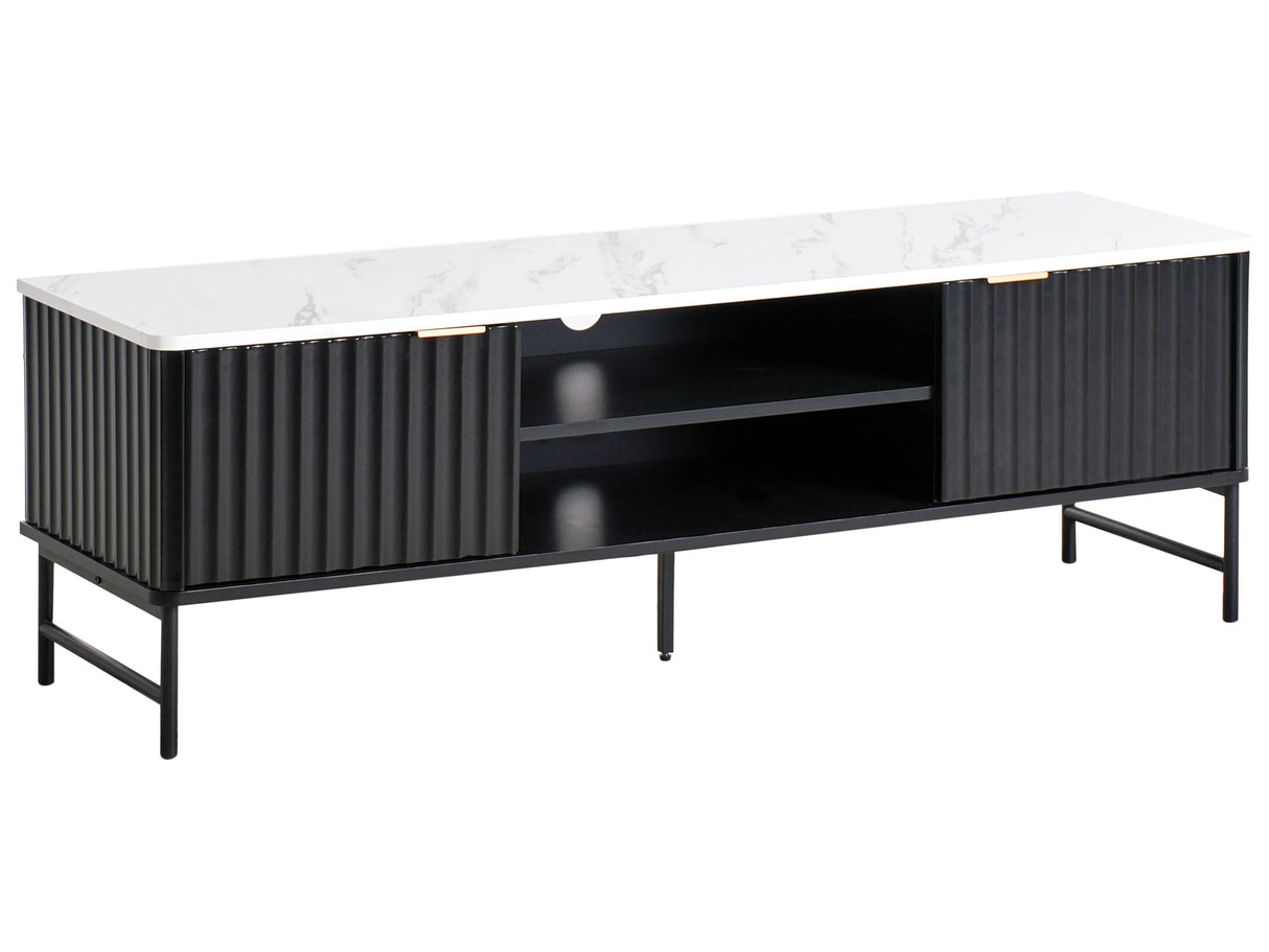 TV Stand Black MDF 140 x 40 cm Marble Effect Storage Shelf Sideboard Cable Management Modern Beliani
