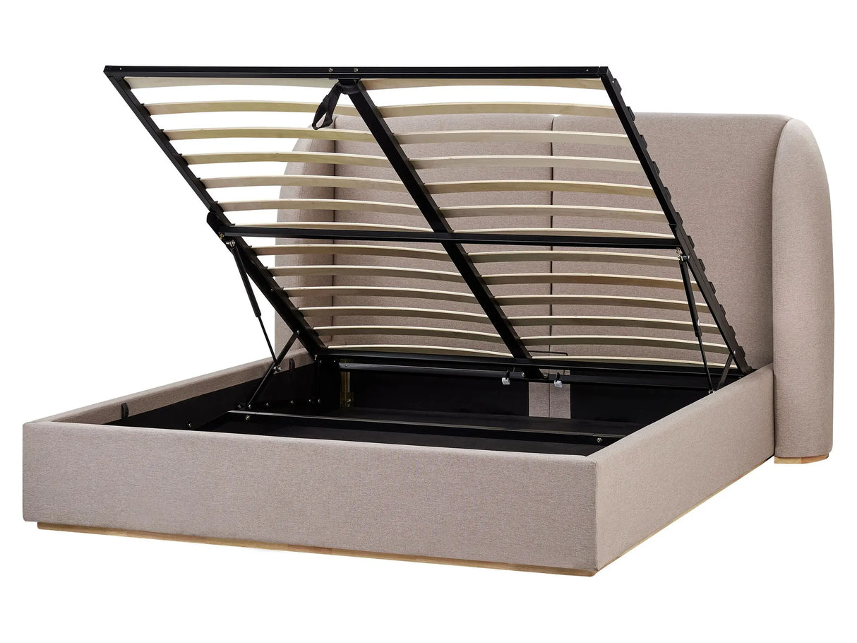 EU King Size Ottoman Bed Taupe Polyester Fabric Upholstery with Wide Headboard and Storage Beliani