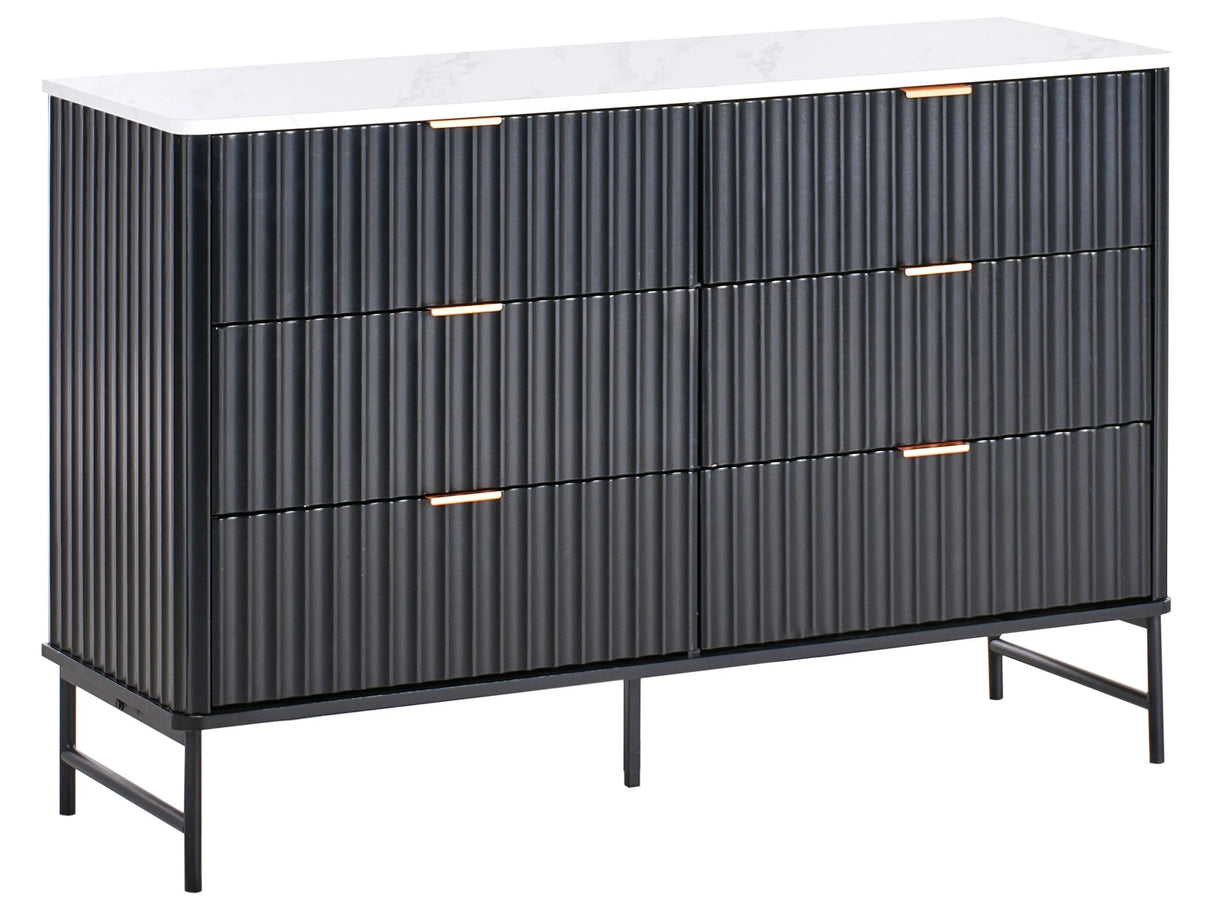 6 Drawer Chest Black MDF Metal Legs Marble Effect Top Fluted Design Front Modern Storage Unit Living Room Bedroom Beliani