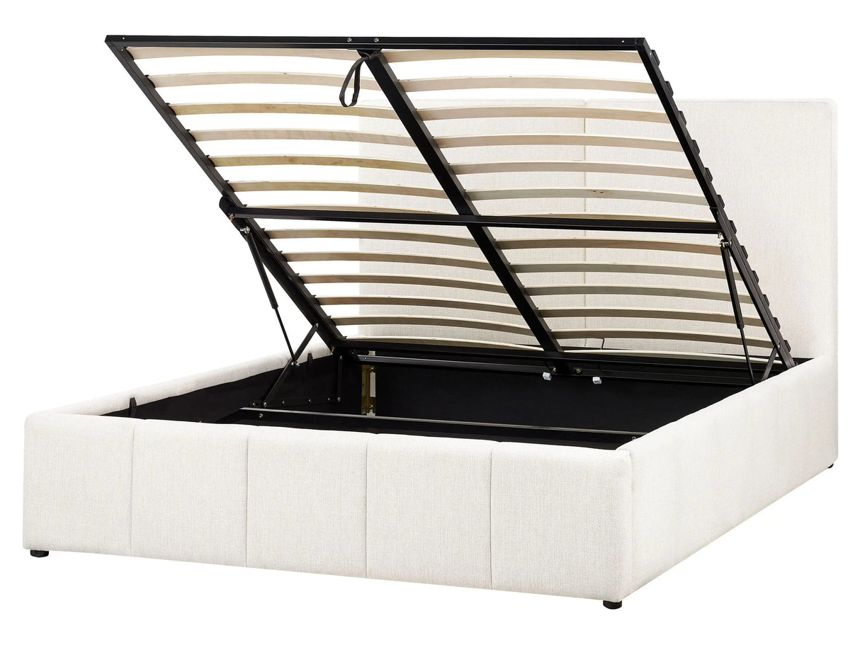 EU King Size Ottoman Bed Off-White Polyester Fabric Upholstery with Headboard Beliani