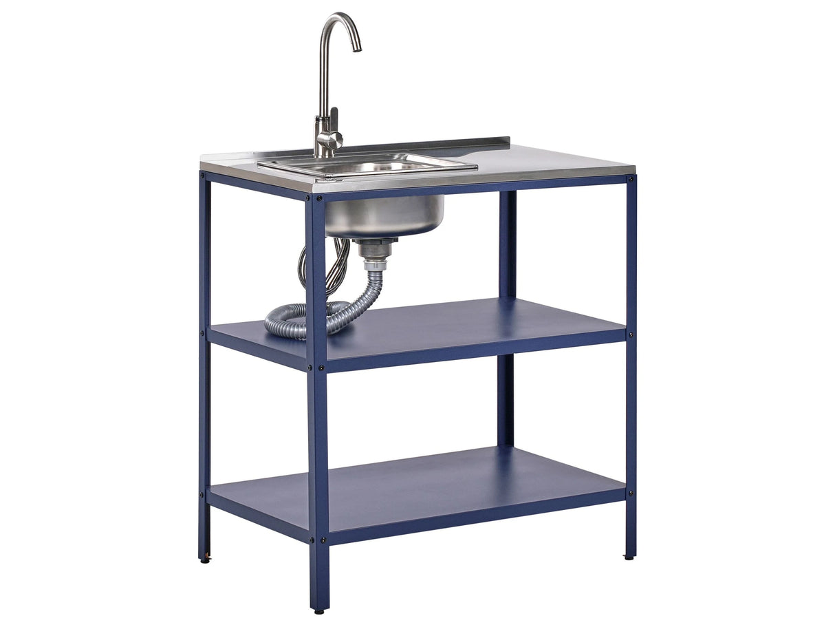 Outdoor Kitchen Island with Sink Blue Stainless Steel 80 x 50 x 92 cm Single Lever Spout 2 Shelves Unit with Top Garden Kitchen Dining Beliani