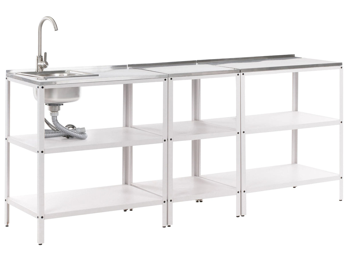3 Piece Outdoor Kitchen Set White Stainless Steel 3 Kitchen Islands Sink Single Lever Outdoor Kitchen Cooking Station Beliani