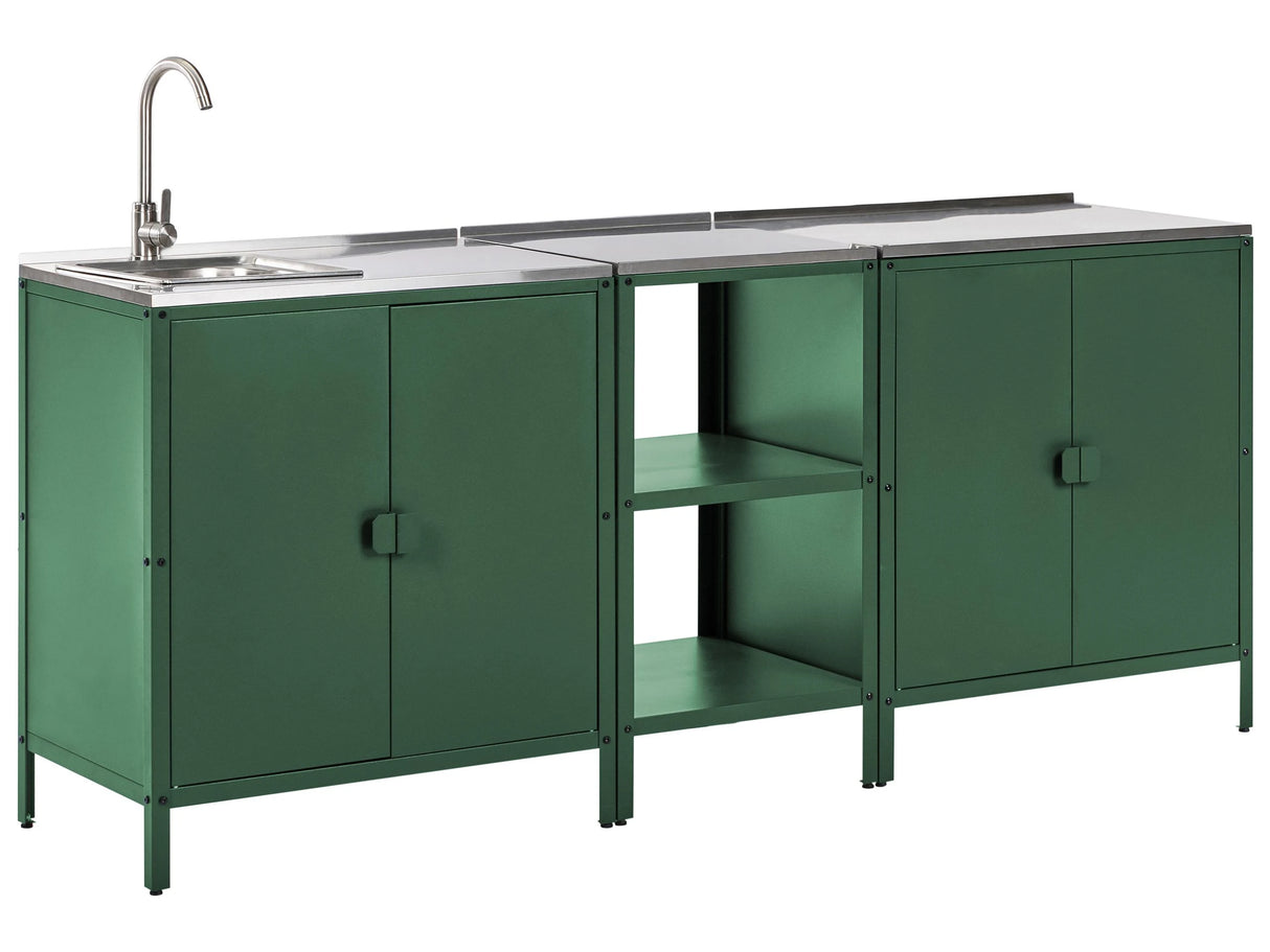 3 Piece Outdoor Kitchen Set Green Stainless Steel 2 Kitchen Cabinet Storage Island Sink Single Lever Outdoor Kitchen Cooking Station Beliani