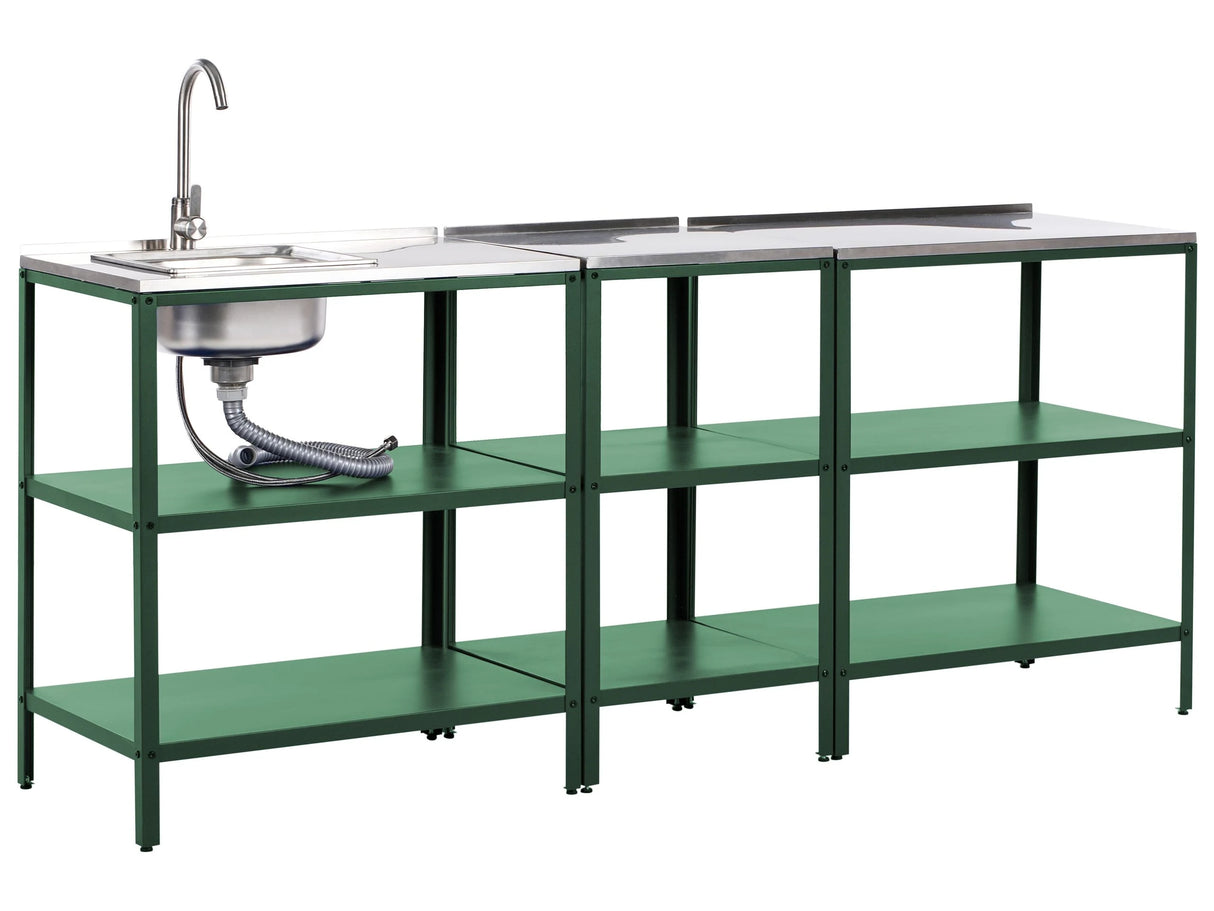 3 Piece Outdoor Kitchen Set Green Stainless Steel 3 Kitchen Islands Sink Single Lever Outdoor Kitchen Cooking Station Beliani