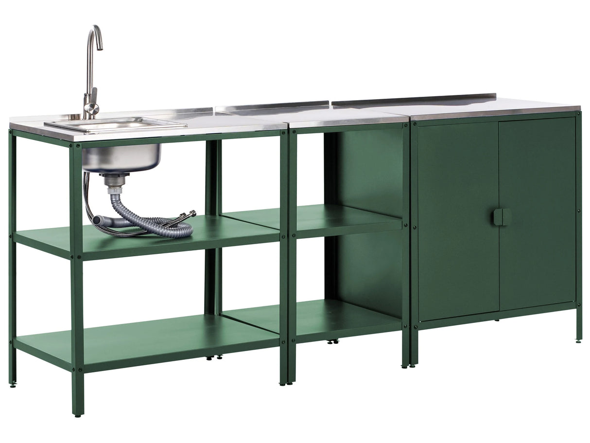 3 Piece Outdoor Kitchen Set Green Stainless Steel 2 Storage Islands Cabinet Sink Single Lever Outdoor Kitchen Cooking Station Beliani