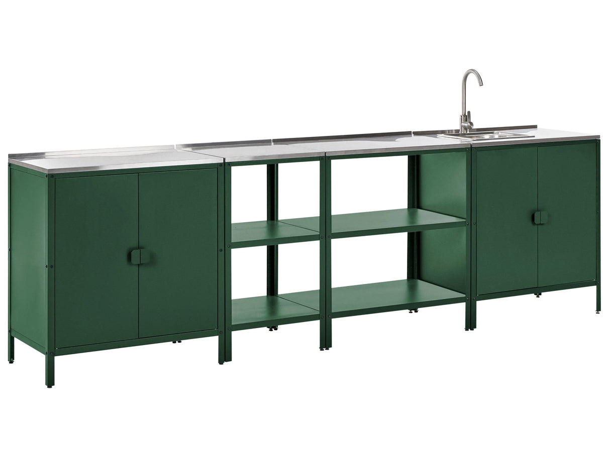 4 Piece Outdoor Kitchen Set Green Stainless Steel 2 Kitchen Cabinets 2 Storage Islands Sink Single Lever Outdoor Kitchen Cooking Station Beliani