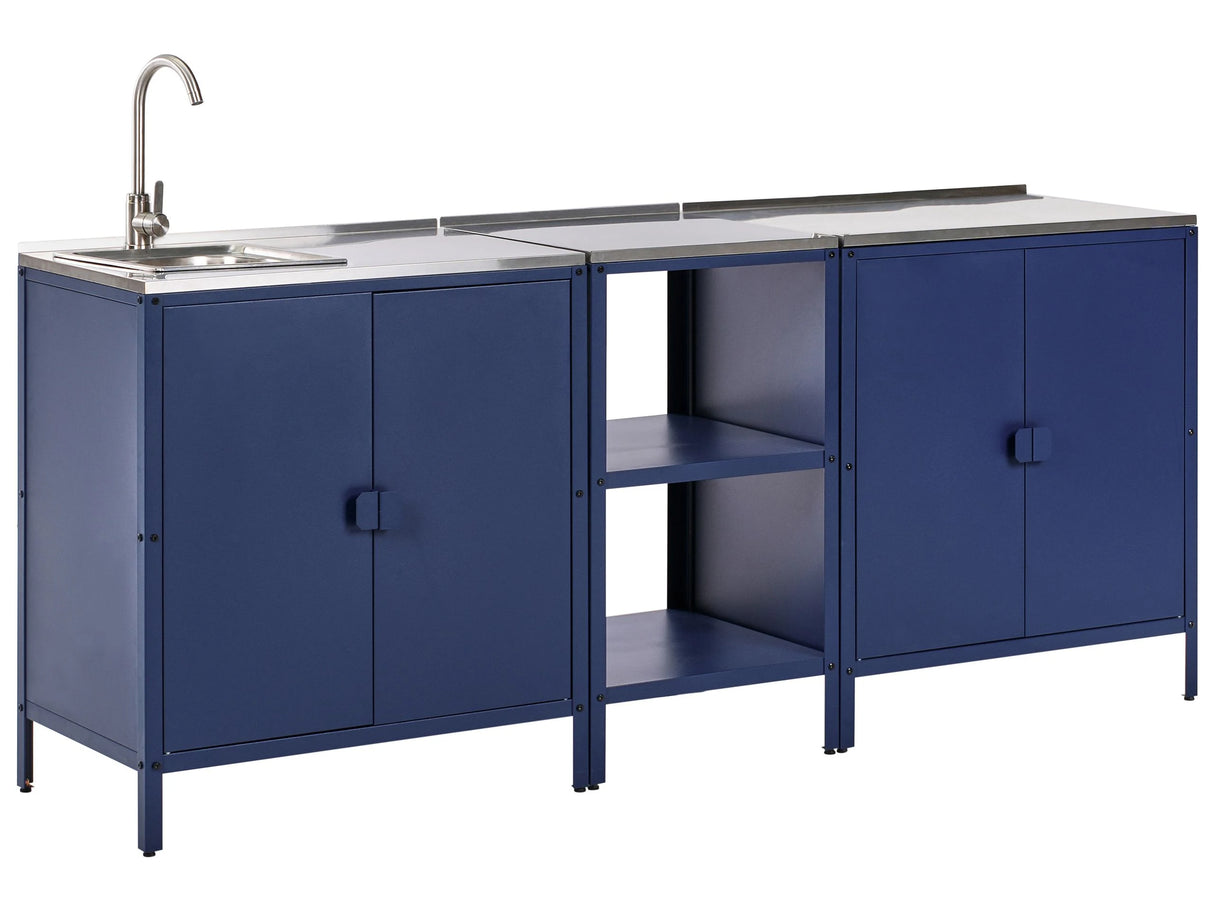 3 Piece Outdoor Kitchen Set Blue Stainless Steel 2 Kitchen Cabinet Storage Island Sink Single Lever Outdoor Kitchen Cooking Station Beliani
