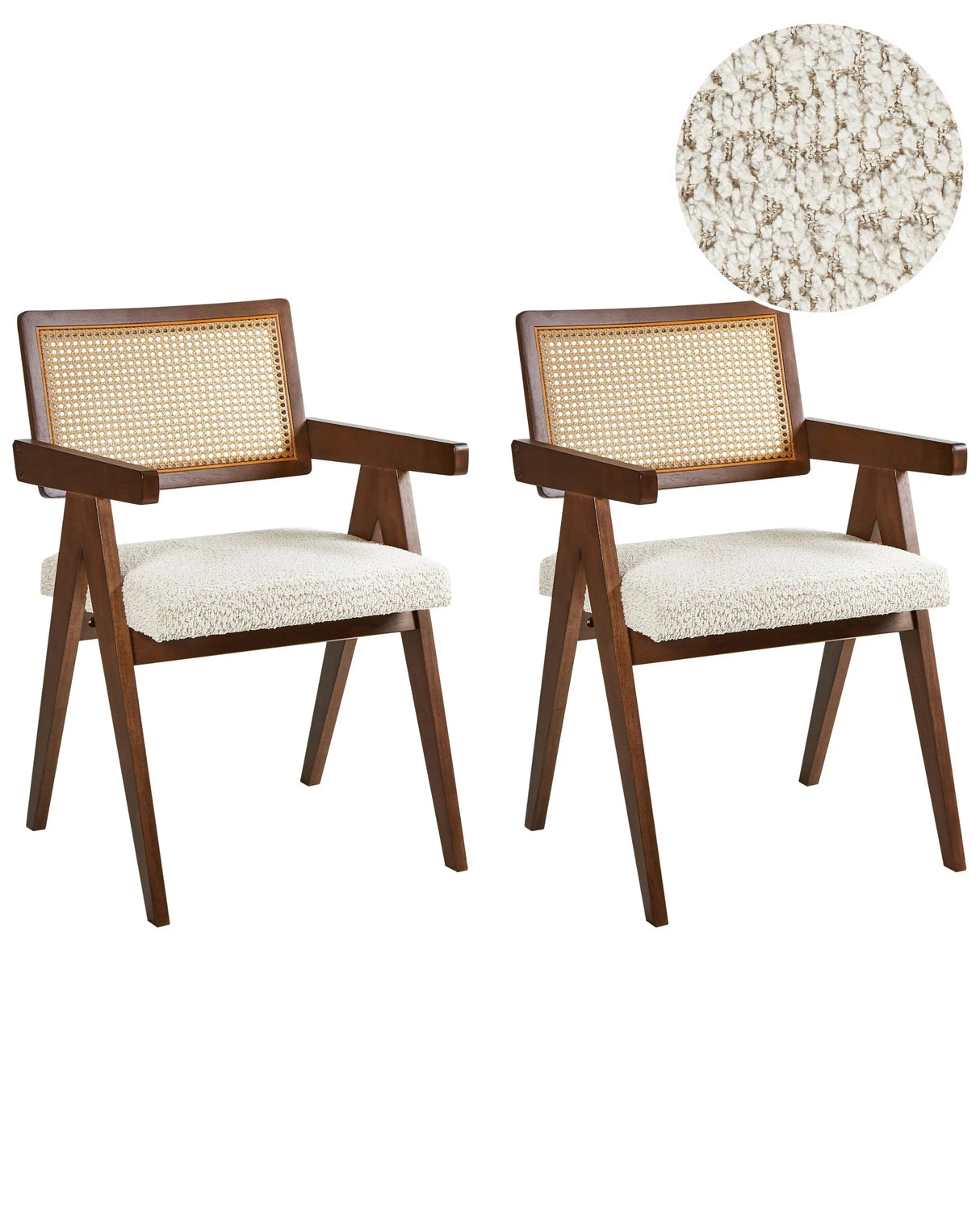 Set of 2 Dining Chairs Dark Brown and Light Beige Rubberwood Frame Boucle Seat Retro Dining Room Kitchen Beliani