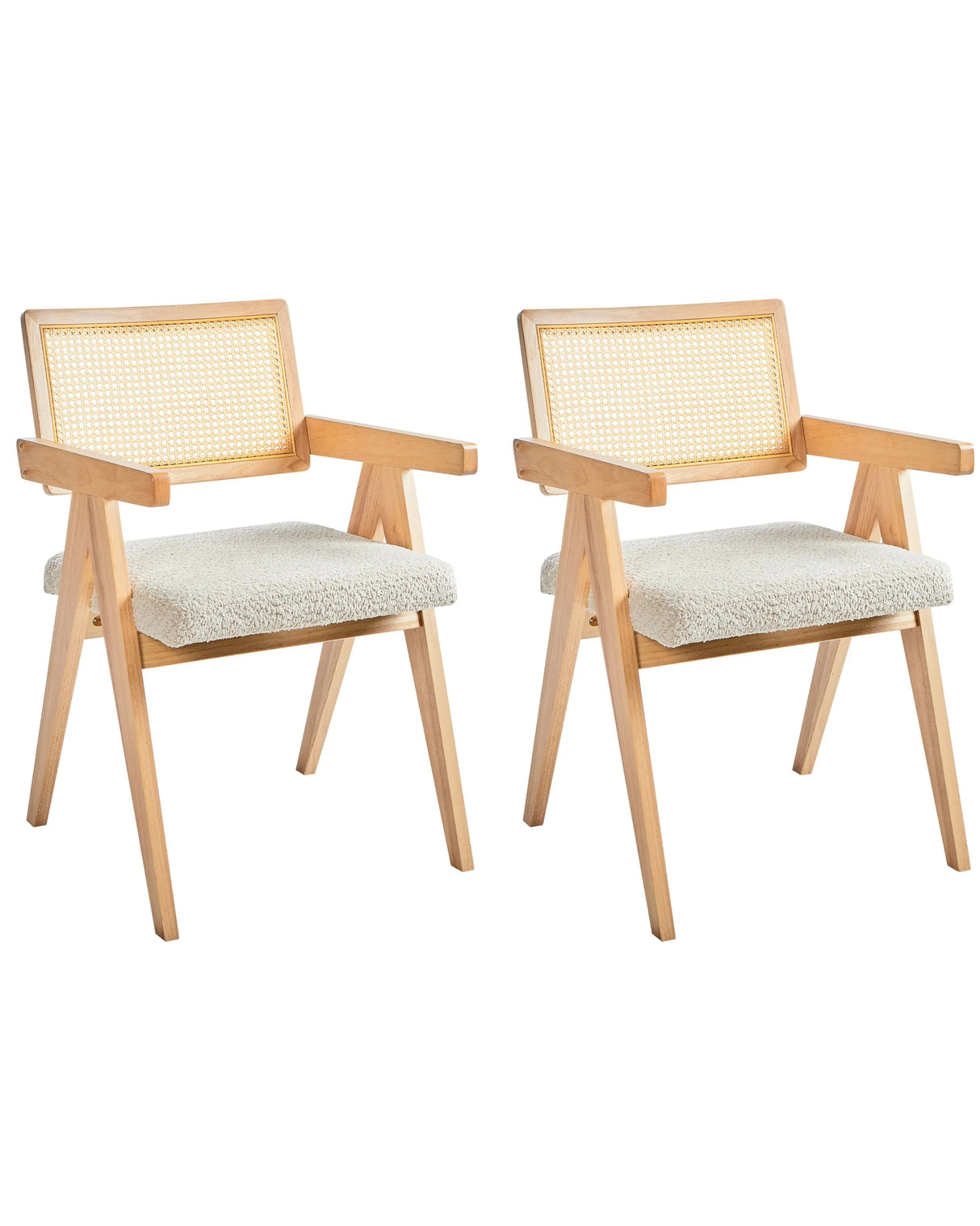 Set of 2 Dining Chairs Light Brown and Light Beige Rubberwood Frame Boucle Seat Retro Dining Room Kitchen Beliani