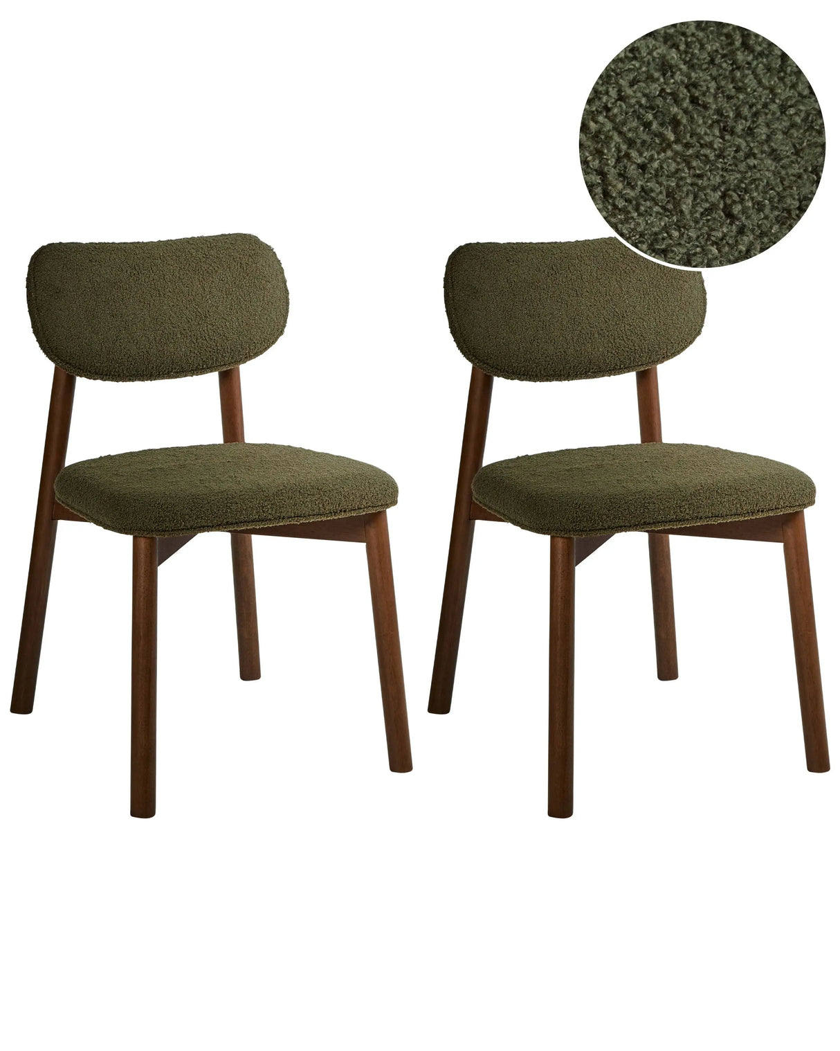 Set of 2 Dining Chairs Dark Brown and Green Boucle Rubber Wood Frame Upholstered Seat and Backrest Dining Room Kitchen Beliani
