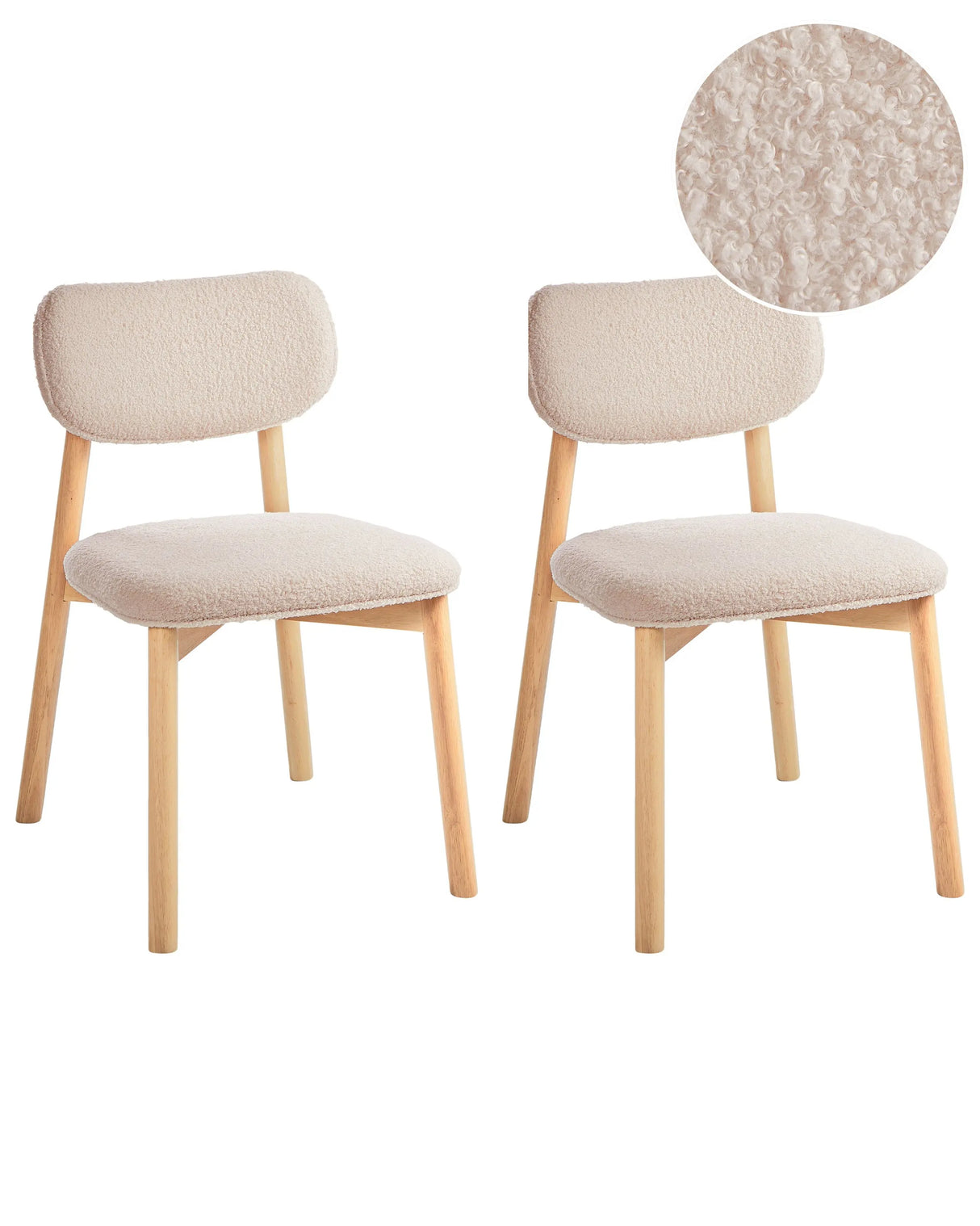 Set of 2 Dining Chairs Light Brown and Light Beige Boucle Rubber Wood Frame Upholstered Seat and Backrest Dining Room Kitchen Beliani