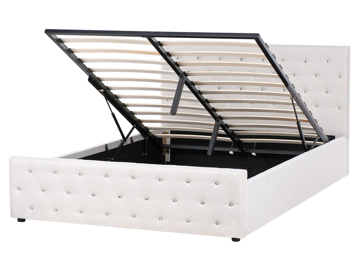 Bed Frame Beige Polyester Fabric Upholstery with Storage EU King Tufted Headboard Bedroom Furniture Beliani