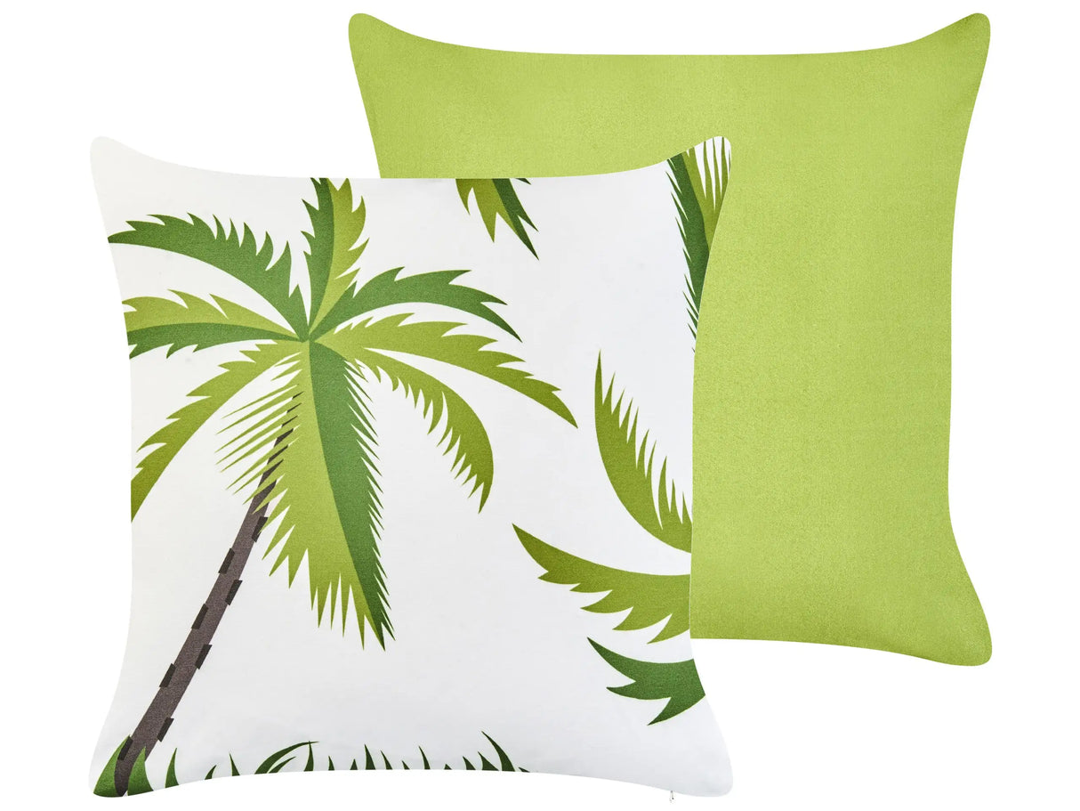 Set of 2 Decorative Outdoor Cushions Green Polyester with a Palm Tree Motif Water-Resistant Removable Covers Beliani