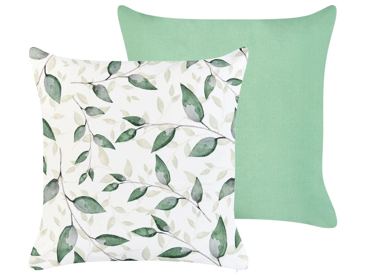 Set of 2 Decorative Outdoor Pillows Green Polyester with Leaves Motif Water-Resistant Removable Covers Beliani