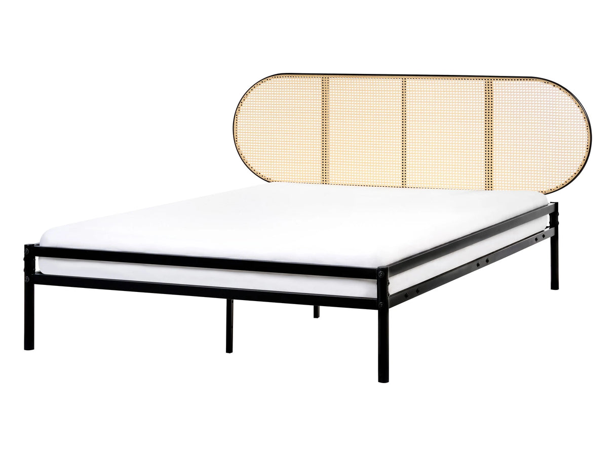 EU Double Size 4ft6 Black Iron Slatted Frame PE Rattan Viennese Braid Headboard Contemporary Beliani