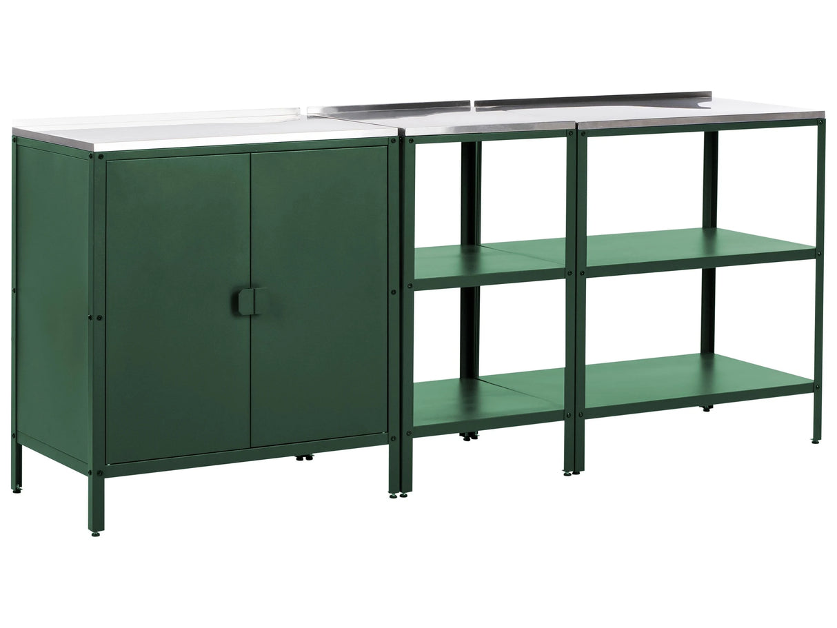 3 Piece Outdoor Kitchen Set Green Stainless Steel 2 Storage Islands Cabinet Outdoor Kitchen Cooking Station Beliani