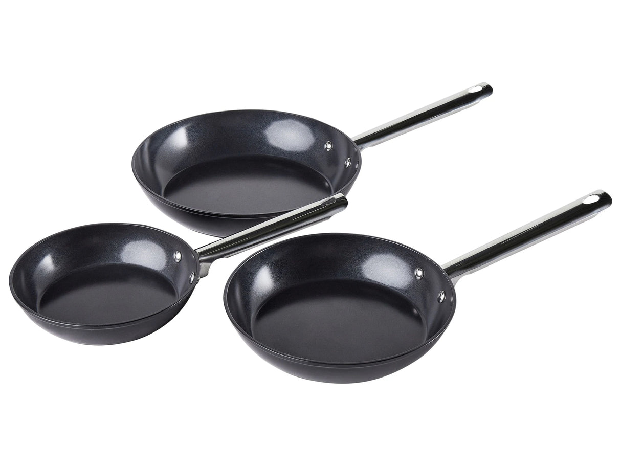 Set of 3 Frying Pans Black Aluminium Ceramic Coat Non-Stick with Handles in 3 Sizes Beliani
