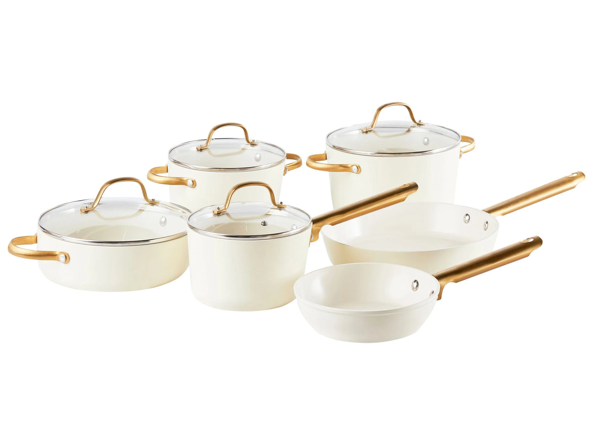 10 Piece Pan Set Off White Aluminium Ceramic Coat Non-Stick 3 Saucepans with Lids 2 Frying Pans Beliani