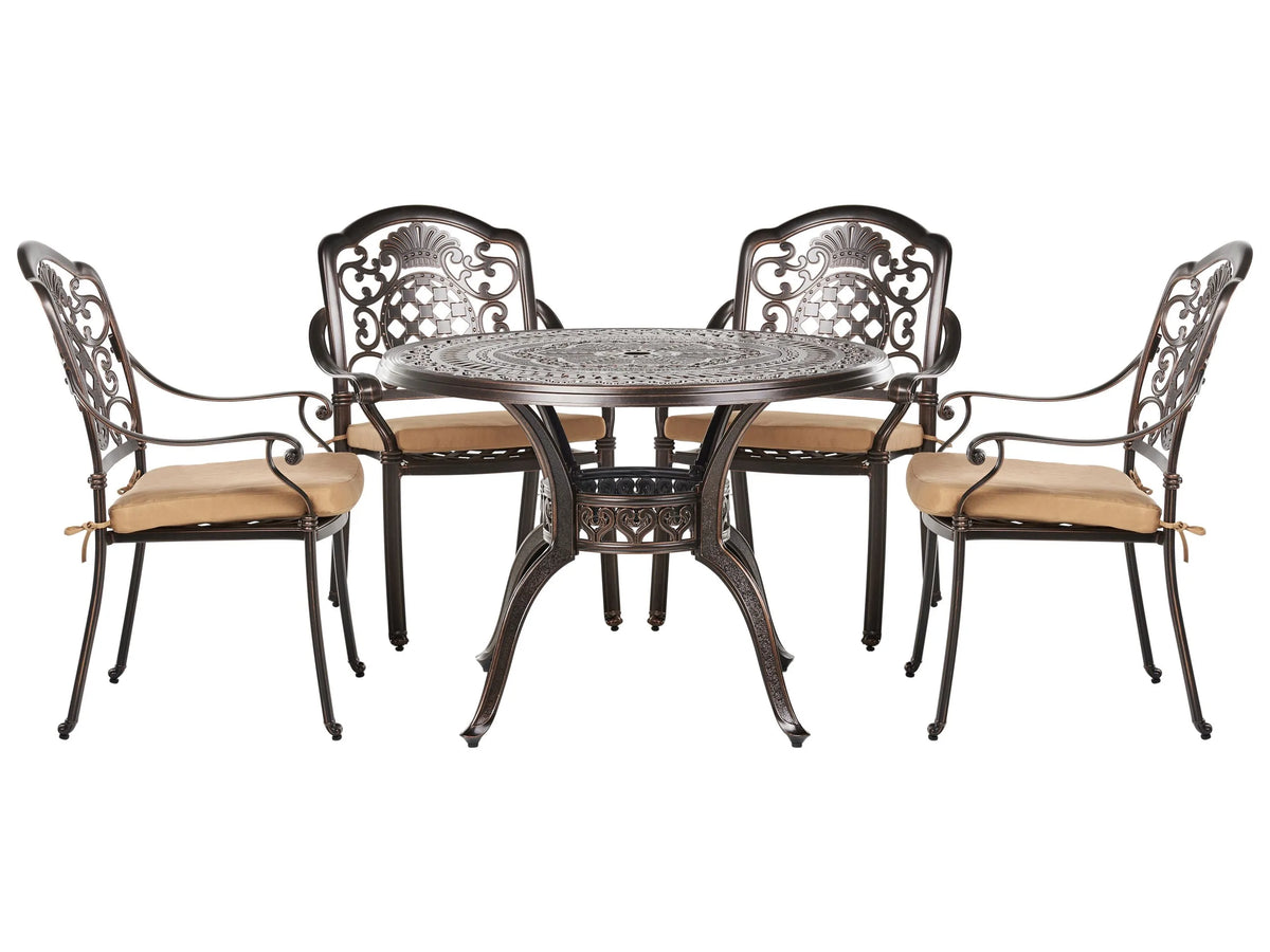 Garden Dining Set Brown Aluminium Outdoor Table 4 Chairs Seat Cushions Retro Style Beliani