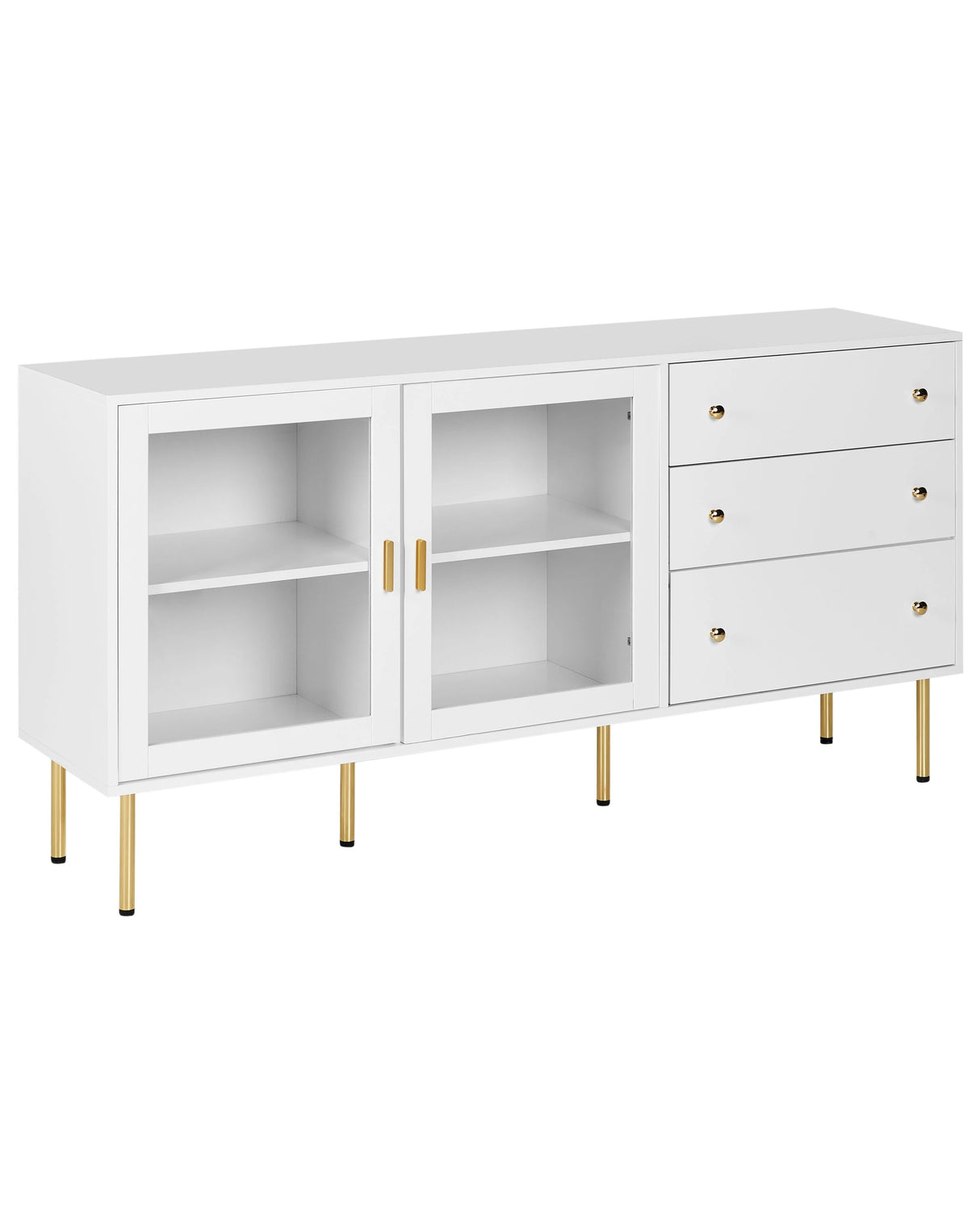 Display Cabinet White MDF with Glass Doors and 2 Drawers Gold Accents Beliani