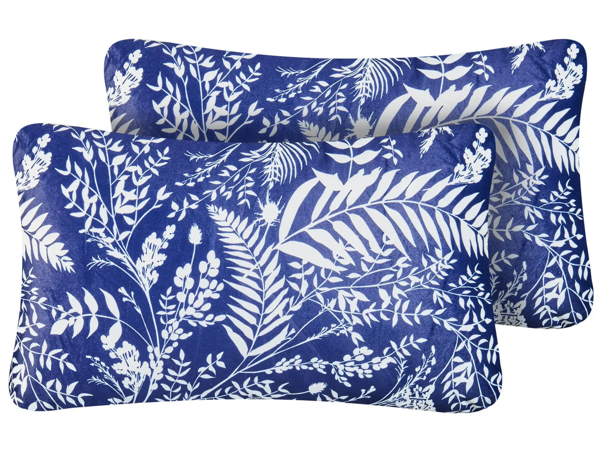 Set of 2 Outdoor Throw Cushions Blue Polyester 30 x 50 cm Plant Pattern Garden Accessory Beliani