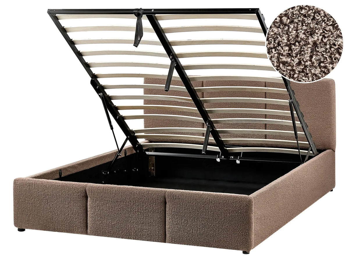 Ottoman Bed Taupe Boucle Upholstery EU Double Size 4ft6 Tufted Headboard Storage Function Beliani