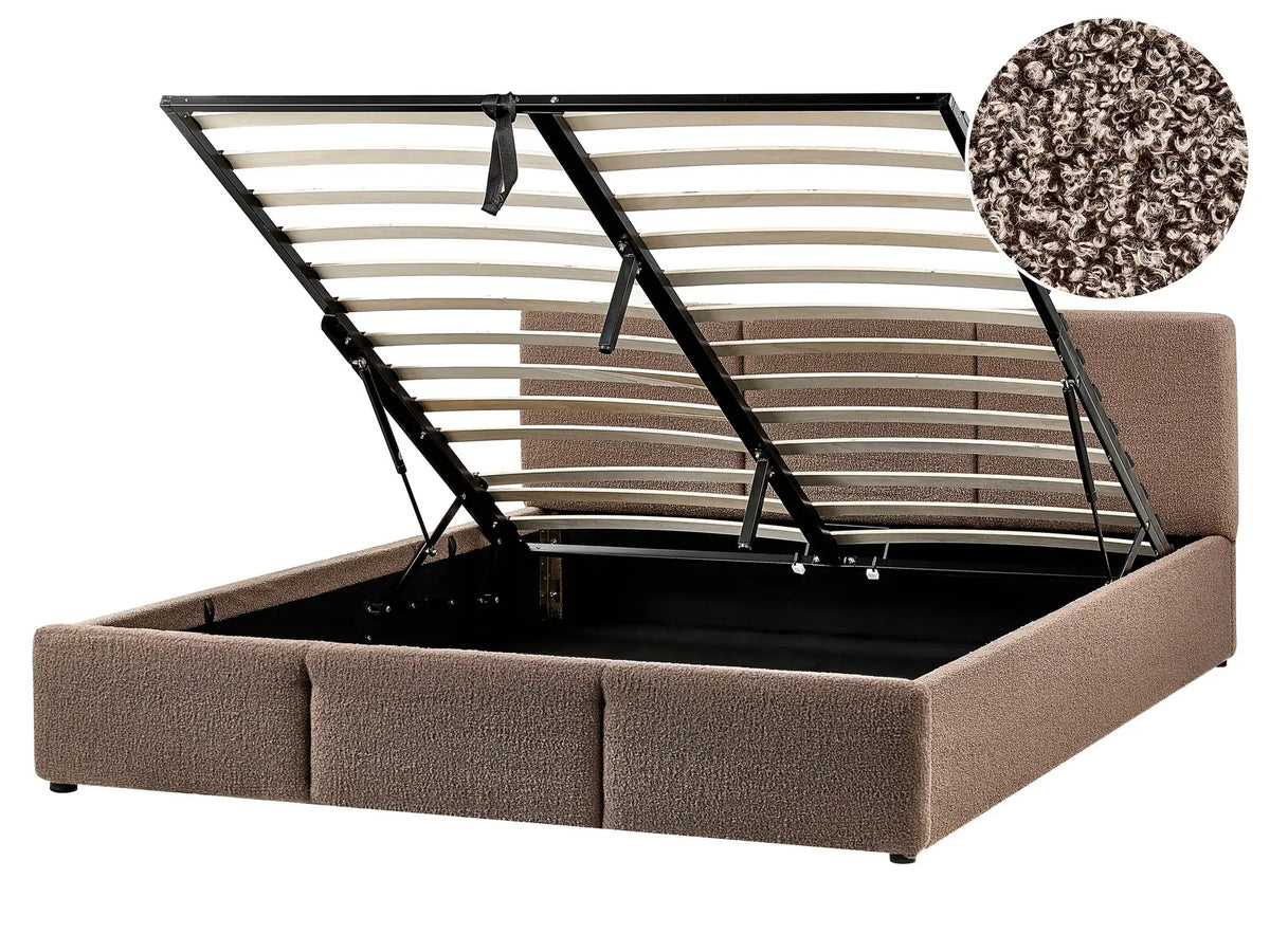 Ottoman Bed Taupe Boucle Upholstery EU King Size 5ft3 Tufted Headboard Storage Function Beliani
