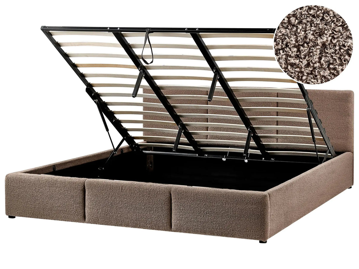Ottoman Bed Taupe Boucle Upholstery EU Super King Size 6ft Tufted Headboard Storage Function Beliani